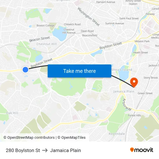 280 Boylston St to Jamaica Plain map