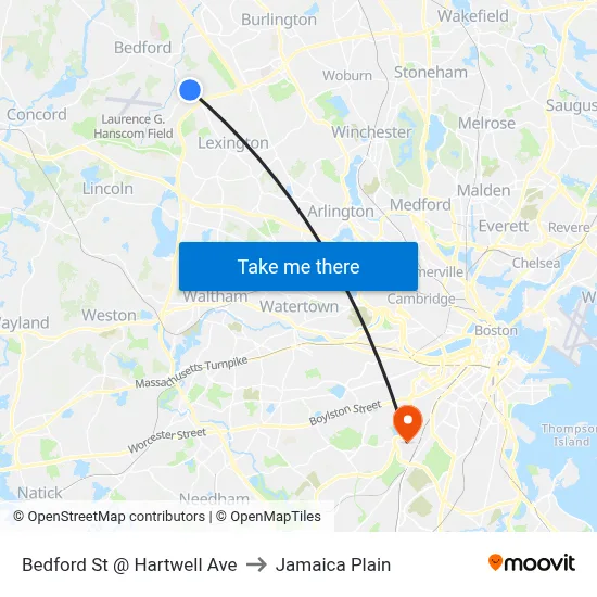 Bedford St @ Hartwell Ave to Jamaica Plain map