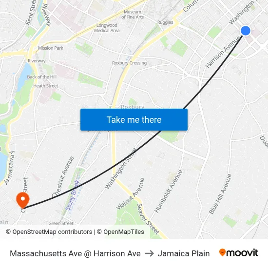 Massachusetts Ave @ Harrison Ave to Jamaica Plain map