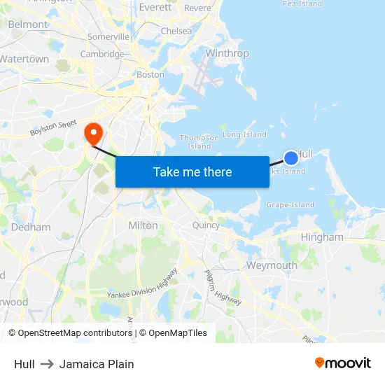 Hull to Jamaica Plain map