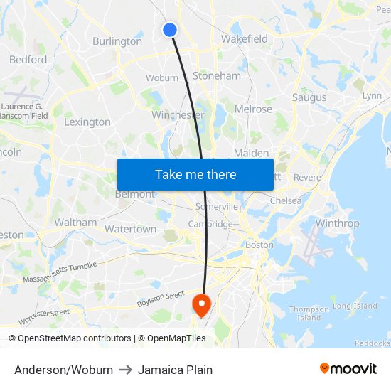 Anderson/Woburn to Jamaica Plain map