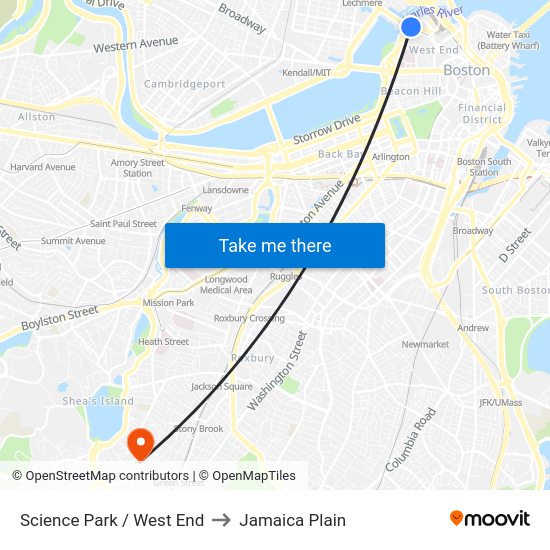 Science Park / West End to Jamaica Plain map