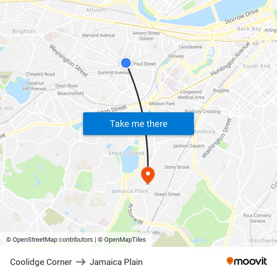 Coolidge Corner to Jamaica Plain map