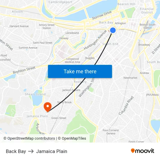 Back Bay to Jamaica Plain map