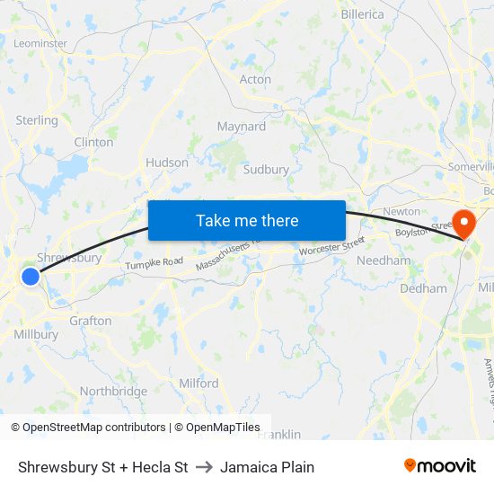 Shrewsbury St + Hecla St to Jamaica Plain map