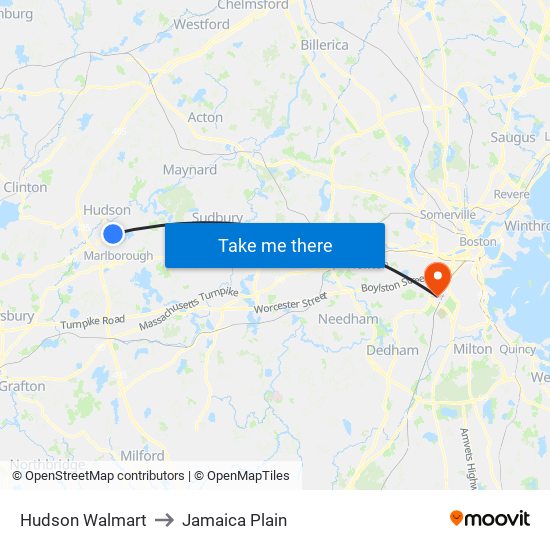 Hudson Walmart to Jamaica Plain map