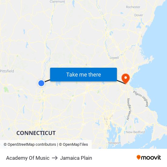 Academy Of Music to Jamaica Plain map