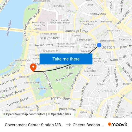 Government Center Station MBTA to Cheers Beacon Hill map