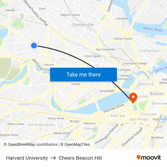 Harvard University to Cheers Beacon Hill map