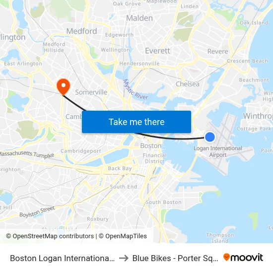 Boston Logan International Airport (Bos) to Blue Bikes - Porter Square Station map