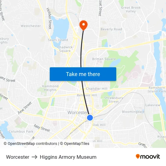 Worcester to Higgins Armory Museum map