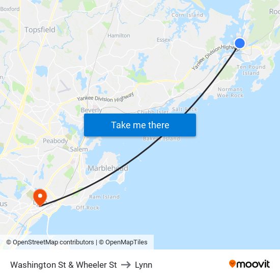 Washington St & Wheeler St to Lynn map