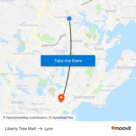Liberty Tree Mall to Lynn map