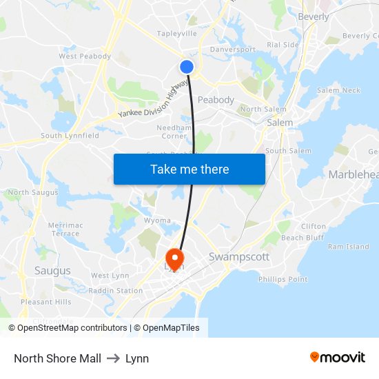 North Shore Mall to Lynn map