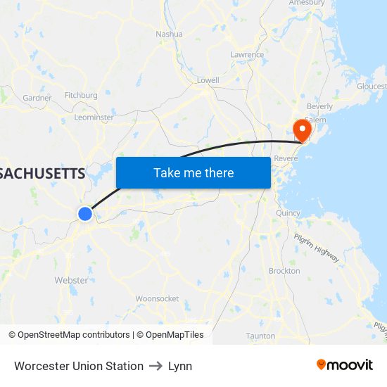 Worcester Union Station to Lynn map