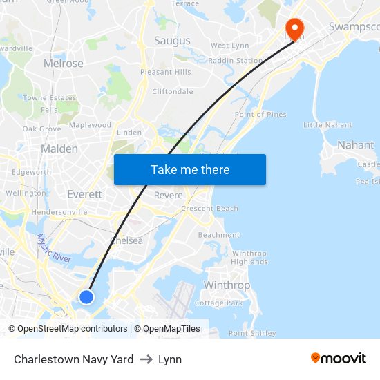 Charlestown Navy Yard to Lynn map