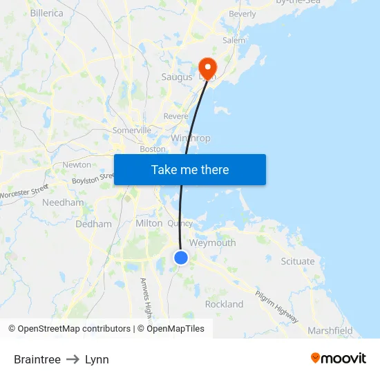 Braintree to Lynn map