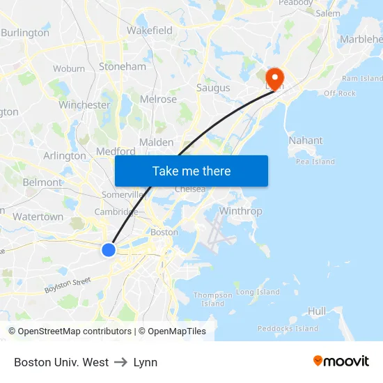 Boston Univ. West to Lynn map