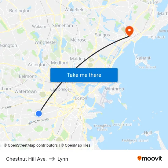 Chestnut Hill Ave. to Lynn map