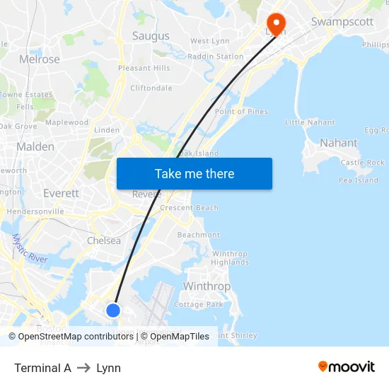 Terminal A to Lynn map