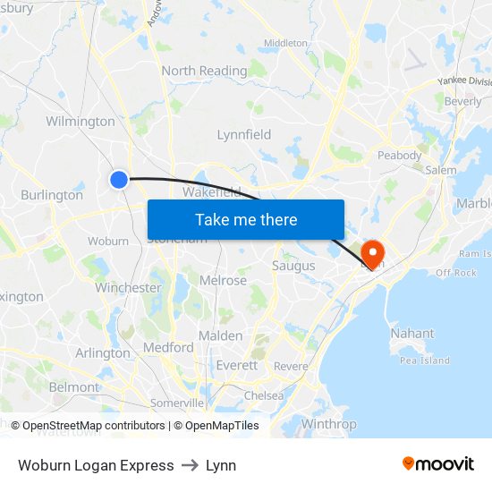 Woburn Logan Express to Lynn map