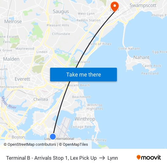 Terminal B - Arrivals Stop 1, Lex Pick Up to Lynn map