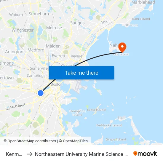Kenmore to Northeastern University Marine Science Center map