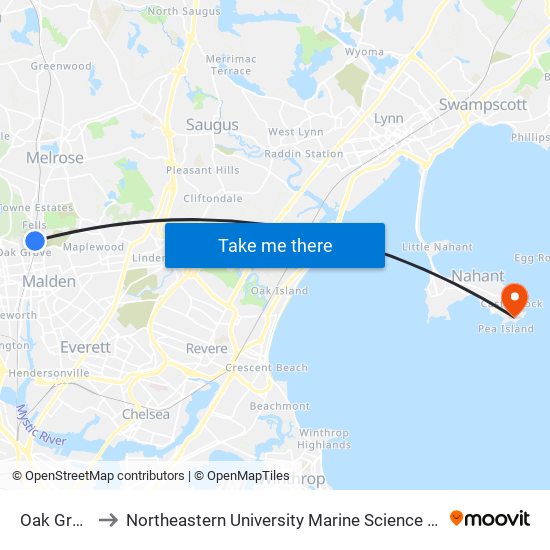 Oak Grove to Northeastern University Marine Science Center map