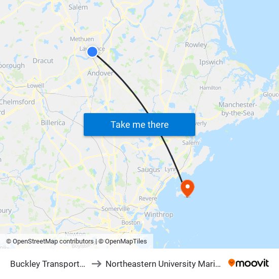 Buckley Transportation Center to Northeastern University Marine Science Center map
