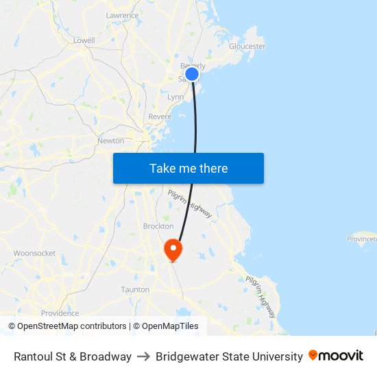 Rantoul St & Broadway to Bridgewater State University map