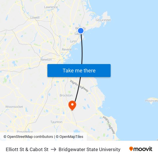 Elliott St & Cabot St to Bridgewater State University map