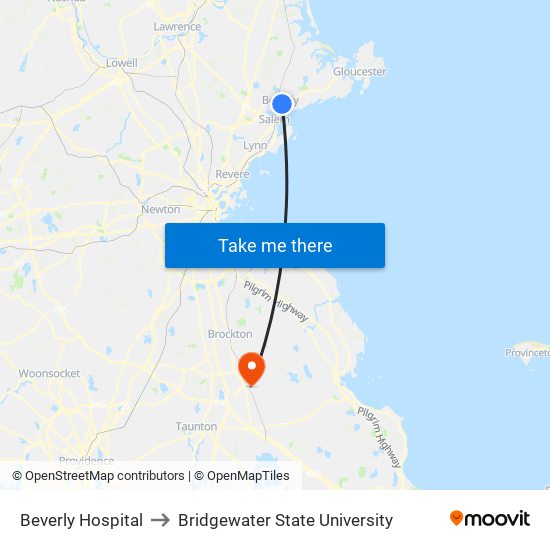 Beverly Hospital to Bridgewater State University map