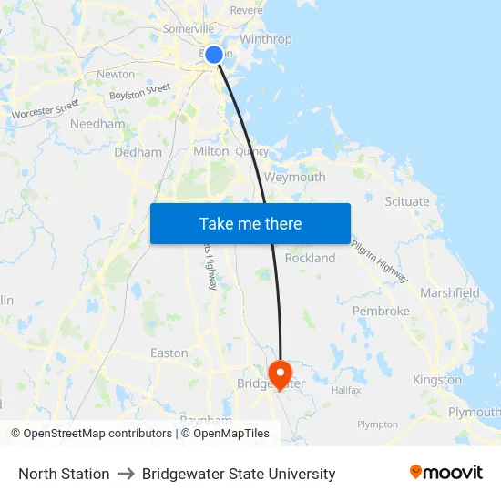 North Station to Bridgewater State University map