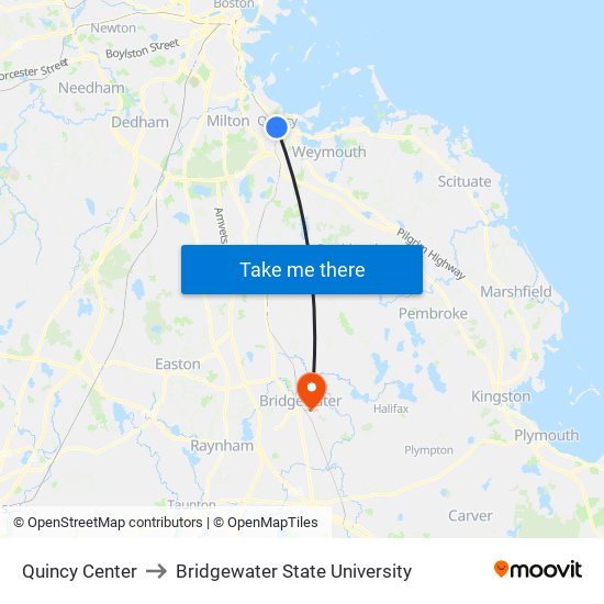 Quincy Center to Bridgewater State University map