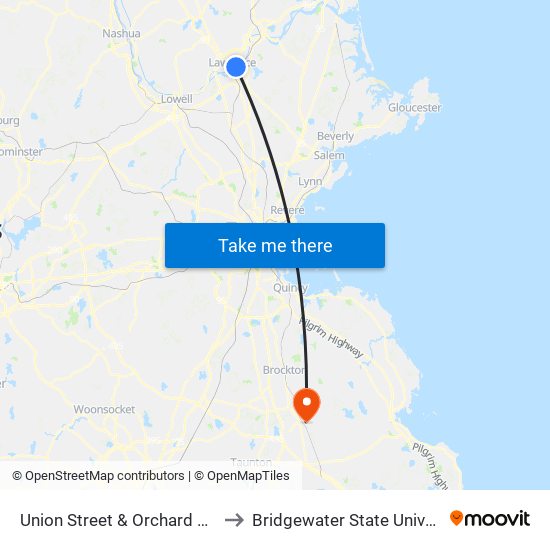 Union Street & Orchard Street to Bridgewater State University map