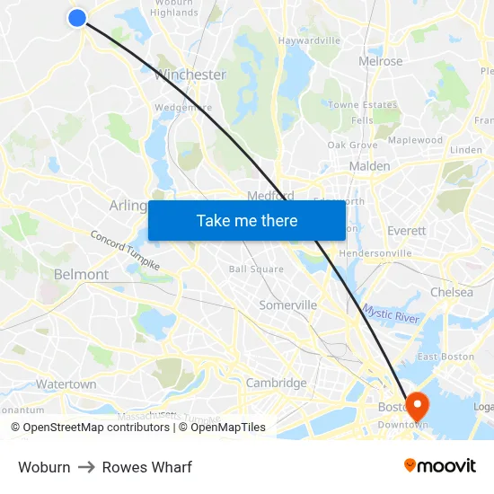 Woburn to Rowes Wharf map