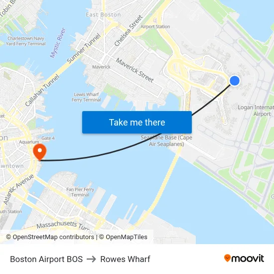 Boston Airport BOS to Rowes Wharf map