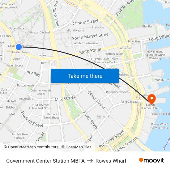 Government Center Station MBTA to Rowes Wharf map