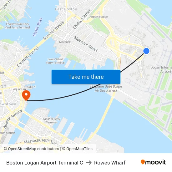 Boston Logan Airport Terminal C to Rowes Wharf map