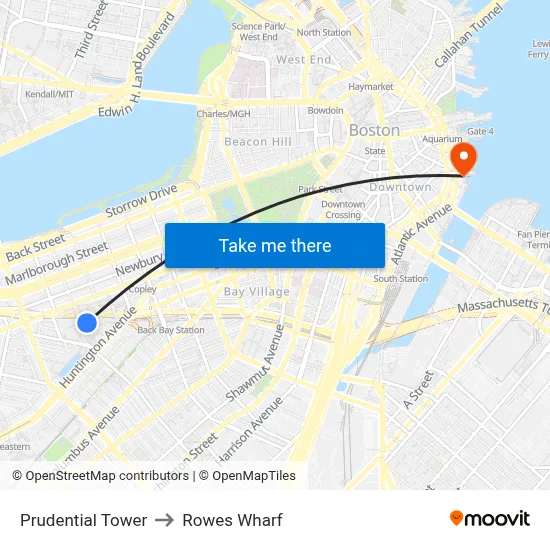 Prudential Tower to Rowes Wharf map