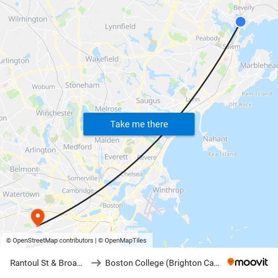 Rantoul St & Broadway to Boston College (Brighton Campus) map