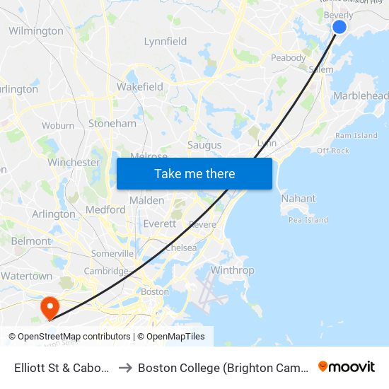 Elliott St & Cabot St to Boston College (Brighton Campus) map