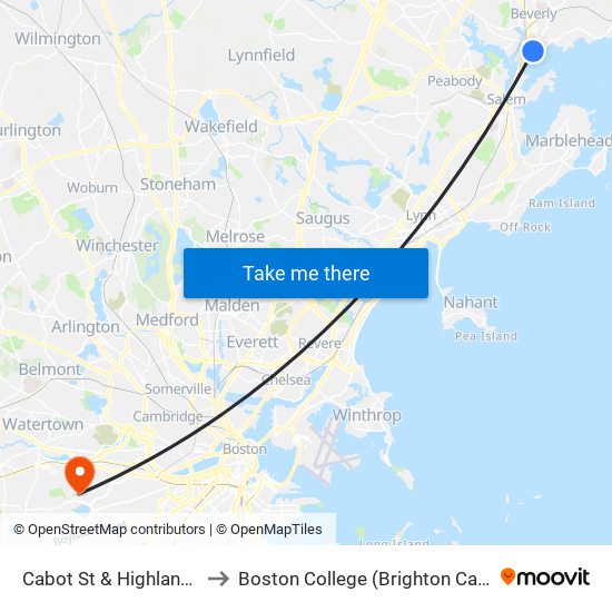 Cabot St & Highland Ave to Boston College (Brighton Campus) map