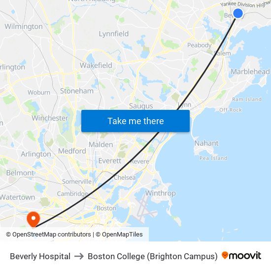 Beverly Hospital to Boston College (Brighton Campus) map