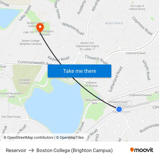 Reservoir to Boston College (Brighton Campus) map