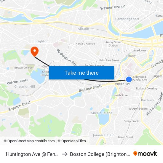 Huntington Ave @ Fenwood Rd to Boston College (Brighton Campus) map