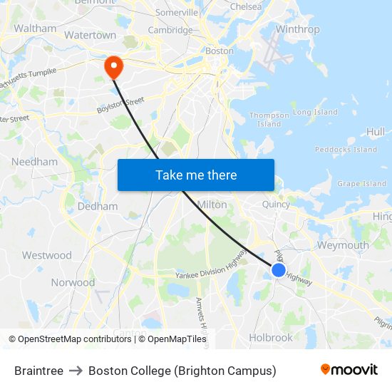 Braintree to Boston College (Brighton Campus) map