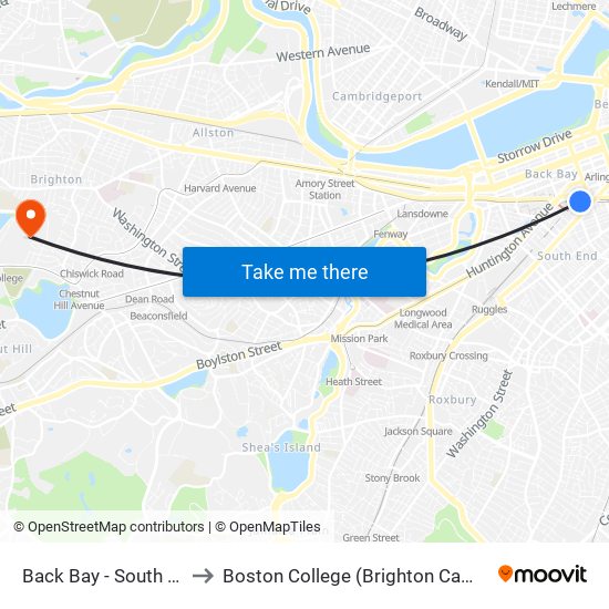 Back Bay - South End to Boston College (Brighton Campus) map