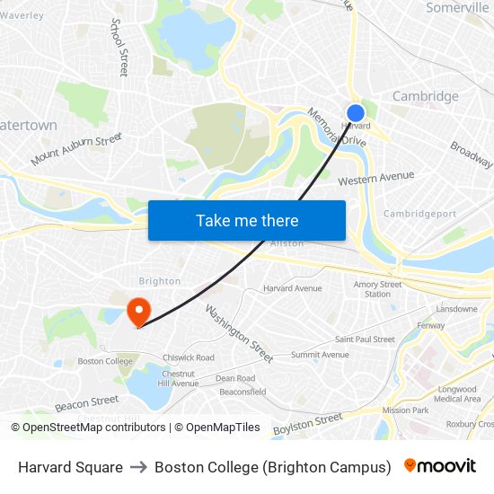 Harvard Square to Boston College (Brighton Campus) map