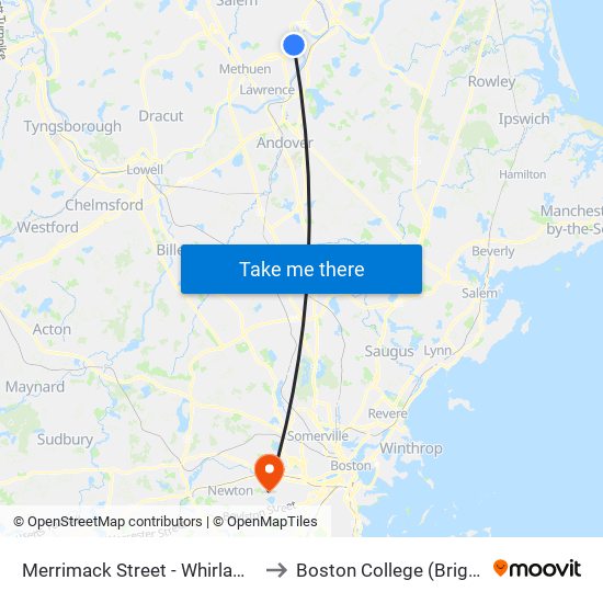 Merrimack Street - Whirlaway Sports Center to Boston College (Brighton Campus) map